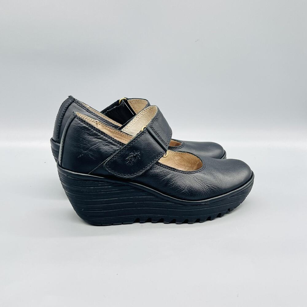 FLY London Shoes Womens 6.5 Black Leather Mary Jane Strap Wedge Platform
